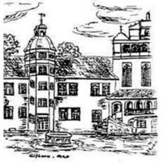 Federstrichzeichnung von Eckhard Kort zeigt den Innenhof des Gifhorner Schlosses (Link; öffnet Artikel "Geschichte")